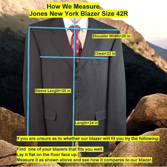 Jones New York Men's 42R Solid Black 100% Wool Blazer Sport Coat & Tie 12626 - Picture 4 of 9